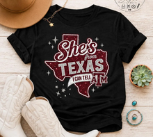 Load image into Gallery viewer, "She's from Texas" Football Game Day T-Shirt: A&amp;M Maroon Spirit Wear / Tailgate Tee

