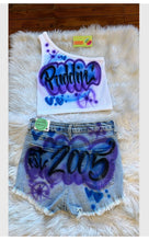 Load image into Gallery viewer, Custom Airbrush Name Jean Shorts Crop Top Set | One shoulder Crop top set |
