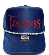 Load image into Gallery viewer, Texans Trucker Hat with Crystal Rhinestone Band | Texan Spirit Snapback Cap | State of Texas Pride Gameday Cap
