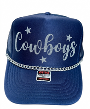 Load image into Gallery viewer, Cowboys Trucker Hat with Chain | Dallas Game Day Football Snabnack Cap | Texas Football Blue and Silver Accessories
