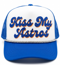 Load image into Gallery viewer, "Kiss my astros" Retro Blue and Orange Trucker Hat | Phrase Gameday Mesh Cap | Houston Baseball Spirit Foam Hat with Rhinestone Band
