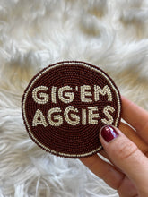 Load image into Gallery viewer, Texas A&amp;M Gig &#39;em Beaded Button in Maroon and White
