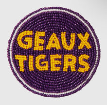 Load image into Gallery viewer, Geaux Tigers Beaded Button in Purple and Yellow – Game Day Stadium Pin
