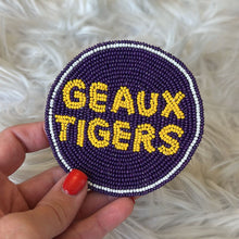 Load image into Gallery viewer, Geaux Tigers Beaded Button in Purple and Yellow – Game Day Stadium Pin
