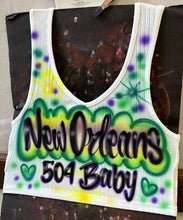 Load image into Gallery viewer, Custom Airbrush Mardi Gras V-Neck Ribbed Tank Top | Hand-Painted Crop Top | Personalized Airbrush Shirt | Mardi Gras Outfit for Women
