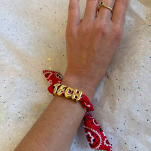 Load image into Gallery viewer, Custom Bandana Slider Bracelet with Gold Letters • College Game Day Spirit Jewelry
