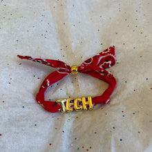 Load image into Gallery viewer, Custom Bandana Slider Bracelet with Gold Letters • College Game Day Spirit Jewelry
