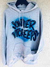 Load image into Gallery viewer, Custom Airbrush Game Day Hoodie | Customizable Gray Hoodie | Personalized Game Day Hoodie Purple Green
