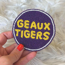 Load image into Gallery viewer, Geaux Tigers Beaded Button in Purple and Yellow – Game Day Stadium Pin
