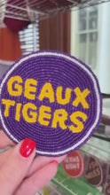 Load and play video in Gallery viewer, Geaux Tigers Beaded Button in Purple and Yellow – Game Day Stadium Pin
