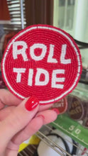 Load and play video in Gallery viewer, Alabama "Roll Tide" Beaded Button in Crimson and White - Game Day Stadium Pin
